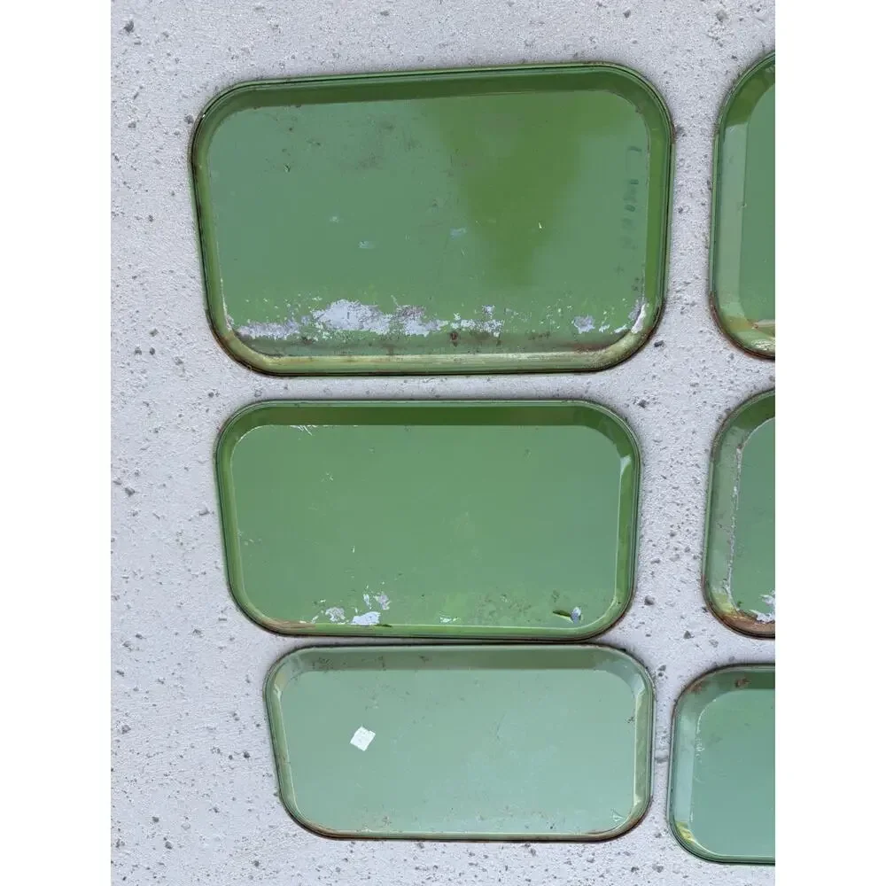 Set of 6 Vintage 60s Metal Tin Trays Avocado Green Daisy Floral Stacking Boho